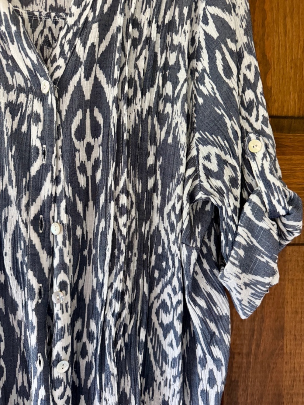 Ruby Rd. Ikat Button-Front Tunic in Gray and White - Picture 2 of 13